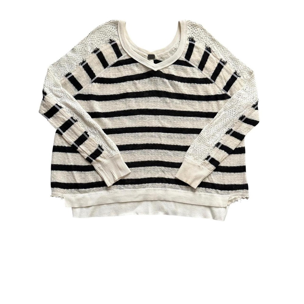 We The Free Sweater Womens M Ivory Black Striped Crochet Lace Distressed V-Neck